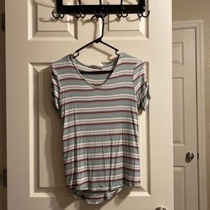 Light Blue, Pink and White Striped T-Shirt With Adjustable Scrunch Ties Sleeves